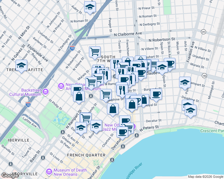 map of restaurants, bars, coffee shops, grocery stores, and more near 1625 Pauger Street in New Orleans
