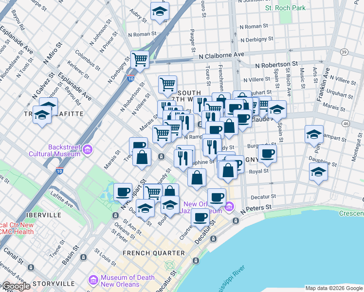 map of restaurants, bars, coffee shops, grocery stores, and more near 1032 Saint Anthony Street in New Orleans