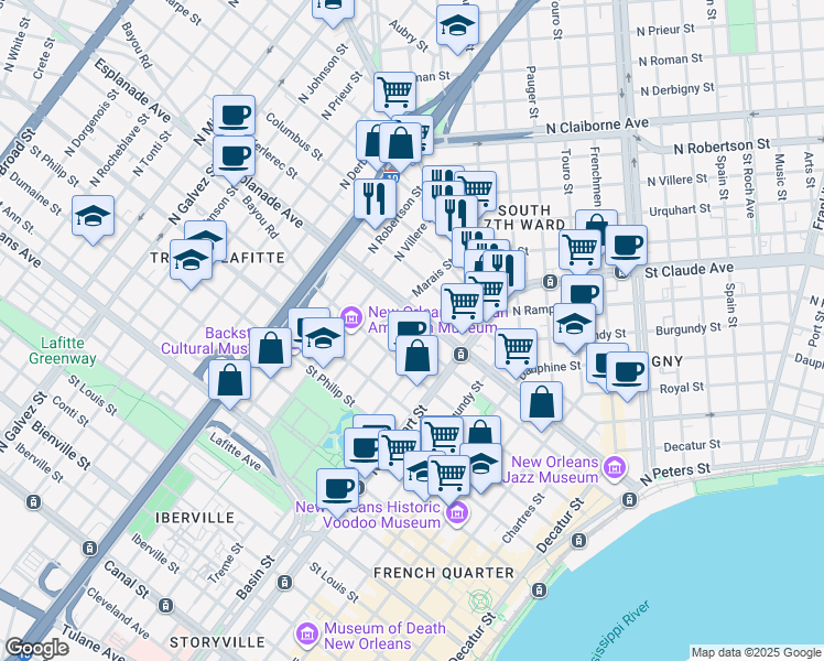 map of restaurants, bars, coffee shops, grocery stores, and more near in New Orleans