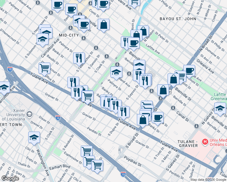 map of restaurants, bars, coffee shops, grocery stores, and more near 318 South Rendon Street in New Orleans