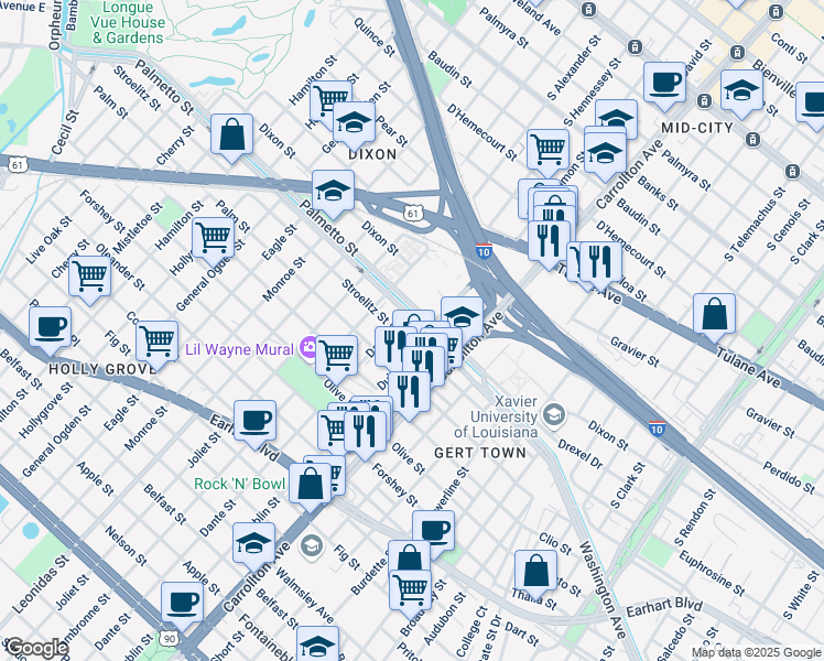 map of restaurants, bars, coffee shops, grocery stores, and more near 8231 Stroelitz Street in New Orleans