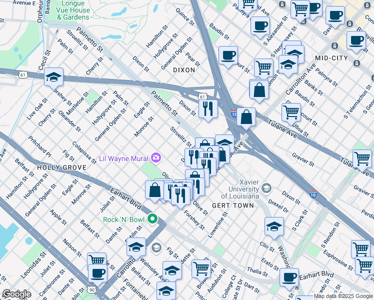 map of restaurants, bars, coffee shops, grocery stores, and more near 8339 Stroelitz Street in New Orleans