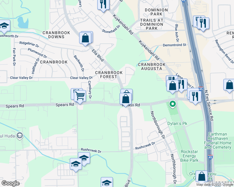 map of restaurants, bars, coffee shops, grocery stores, and more near 13635-13639 Ella Boulevard in Houston