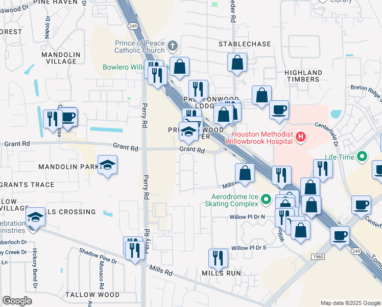 map of restaurants, bars, coffee shops, grocery stores, and more near 9518 Grant Road in Houston