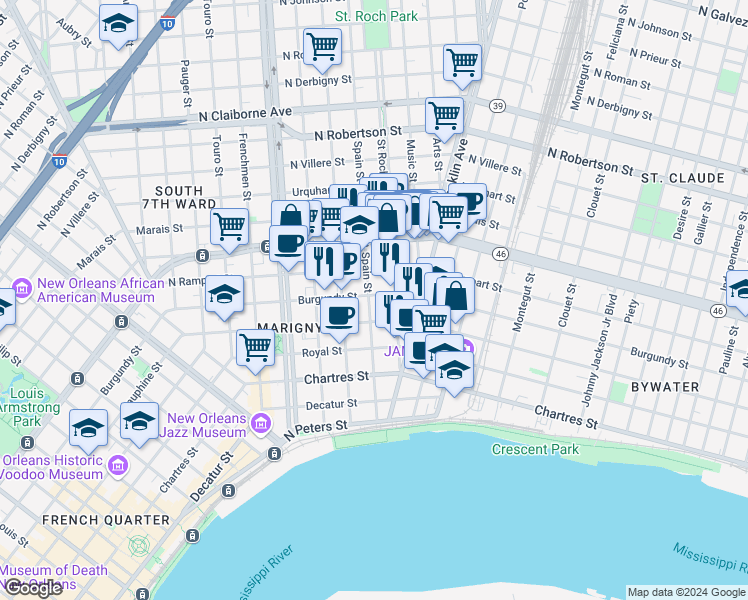 map of restaurants, bars, coffee shops, grocery stores, and more near 835 Spain Street in New Orleans
