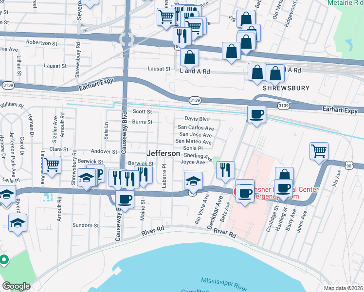 map of restaurants, bars, coffee shops, grocery stores, and more near 26 San Mateo Avenue in Jefferson