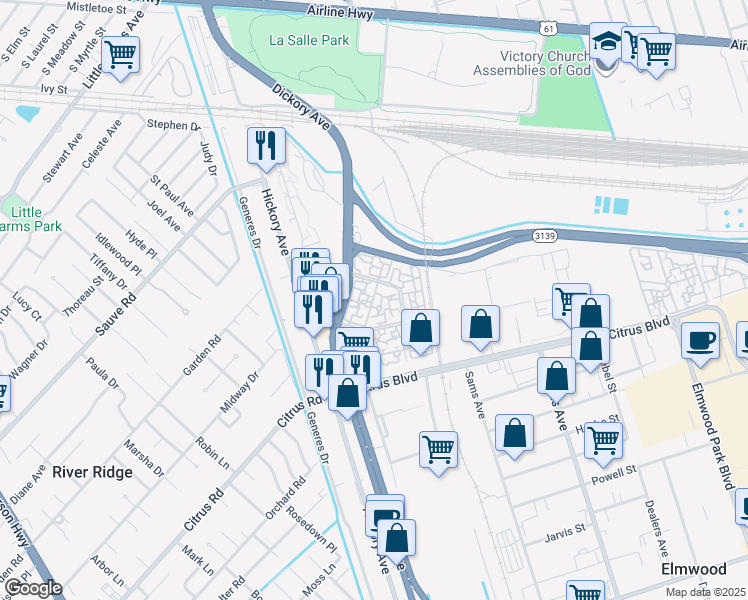 map of restaurants, bars, coffee shops, grocery stores, and more near 2028 Oak Creek Road in Elmwood