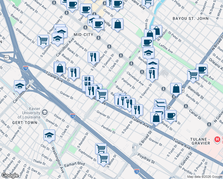 map of restaurants, bars, coffee shops, grocery stores, and more near 400 South Norman C Francis Parkway in New Orleans