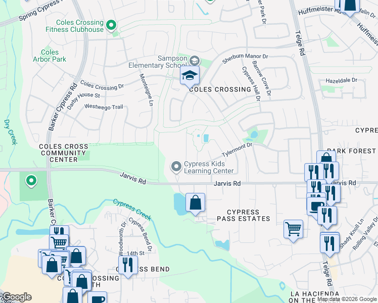 map of restaurants, bars, coffee shops, grocery stores, and more near 13023 Urbanna Court in Cypress