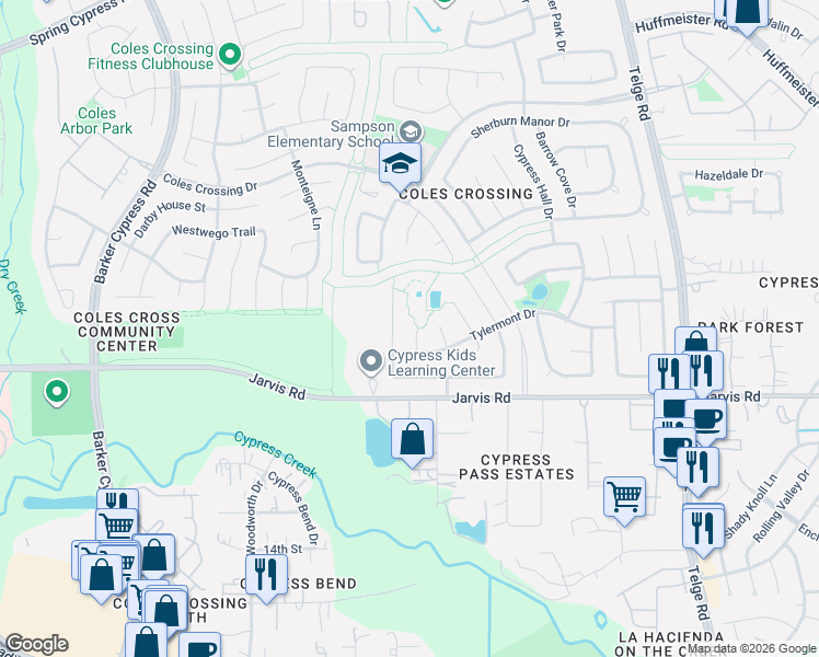 map of restaurants, bars, coffee shops, grocery stores, and more near 13023 Urbanna Ct in Cypress