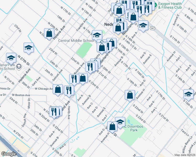 map of restaurants, bars, coffee shops, grocery stores, and more near 216 South 21st Street in Nederland