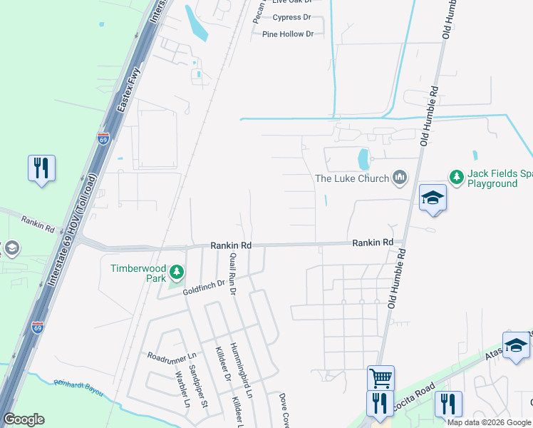 map of restaurants, bars, coffee shops, grocery stores, and more near 7705 Rankin Road in Humble