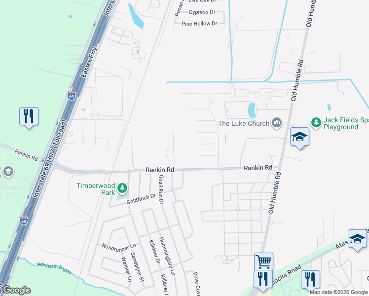map of restaurants, bars, coffee shops, grocery stores, and more near 7705 Rankin Road in Humble
