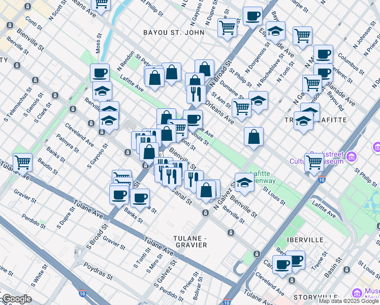 map of restaurants, bars, coffee shops, grocery stores, and more near 322 North Dorgenois Street in New Orleans