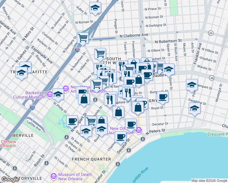 map of restaurants, bars, coffee shops, grocery stores, and more near 1032 Saint Anthony Street in New Orleans