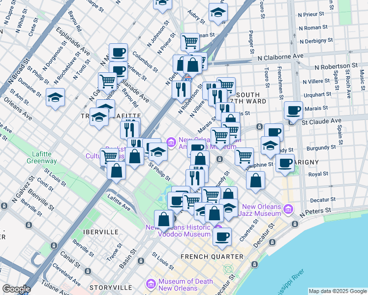 map of restaurants, bars, coffee shops, grocery stores, and more near in New Orleans