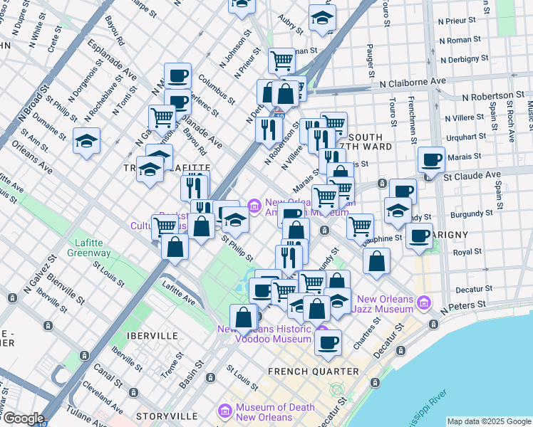 map of restaurants, bars, coffee shops, grocery stores, and more near in New Orleans