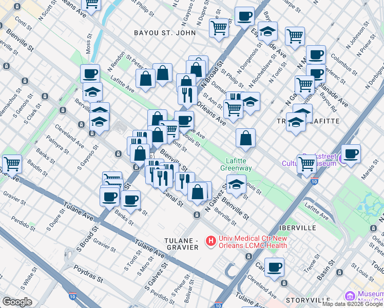 map of restaurants, bars, coffee shops, grocery stores, and more near 2500 Saint Louis Street in New Orleans