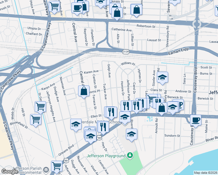 map of restaurants, bars, coffee shops, grocery stores, and more near 608 Gelpi Avenue in Jefferson
