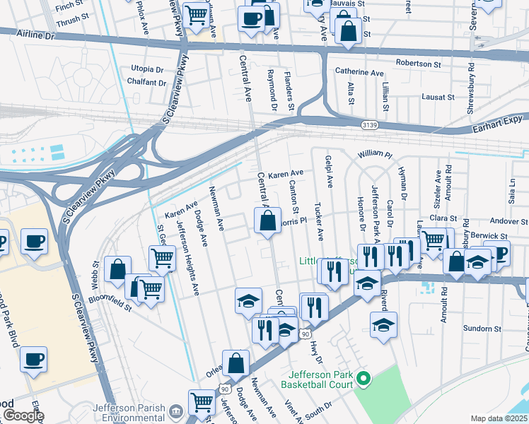 map of restaurants, bars, coffee shops, grocery stores, and more near 725 Central Avenue in Jefferson