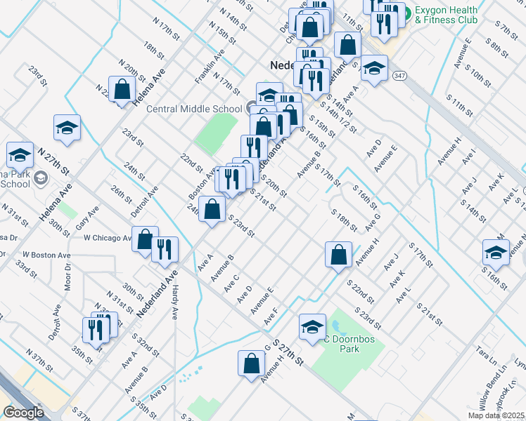 map of restaurants, bars, coffee shops, grocery stores, and more near 216 South 21st Street in Nederland