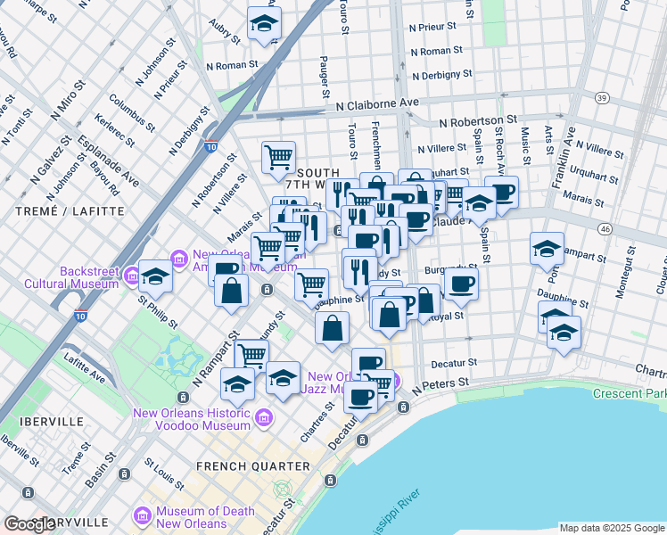 map of restaurants, bars, coffee shops, grocery stores, and more near in New Orleans