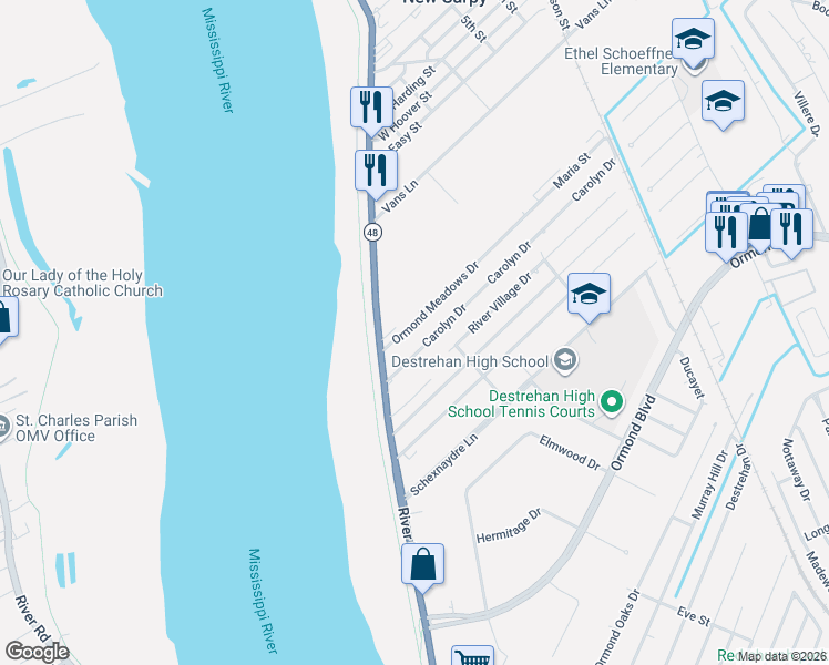 map of restaurants, bars, coffee shops, grocery stores, and more near 100 Ormond Meadows Drive in Destrehan