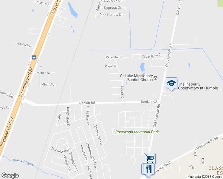 map of restaurants, bars, coffee shops, grocery stores, and more near 7800 York Street in Humble