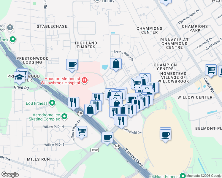 map of restaurants, bars, coffee shops, grocery stores, and more near 5 Versante Court in Houston