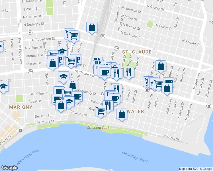 map of restaurants, bars, coffee shops, grocery stores, and more near 3134 Saint Claude Avenue in New Orleans