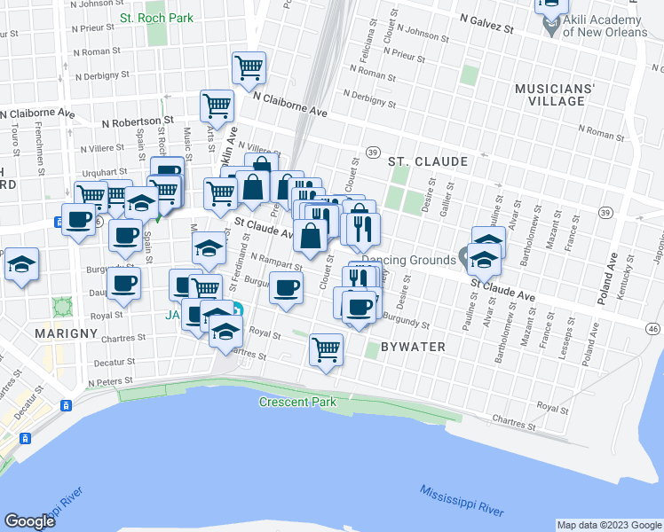 map of restaurants, bars, coffee shops, grocery stores, and more near 1019 Clouet Street in New Orleans