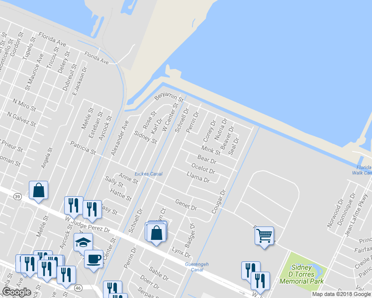 map of restaurants, bars, coffee shops, grocery stores, and more near 117 Bear Drive in Arabi
