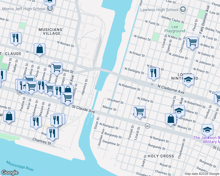 map of restaurants, bars, coffee shops, grocery stores, and more near 4701 North Villere Street in New Orleans