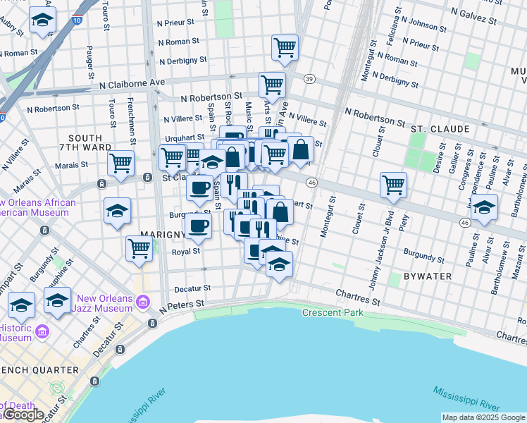 map of restaurants, bars, coffee shops, grocery stores, and more near 2535 Burgundy Street in New Orleans