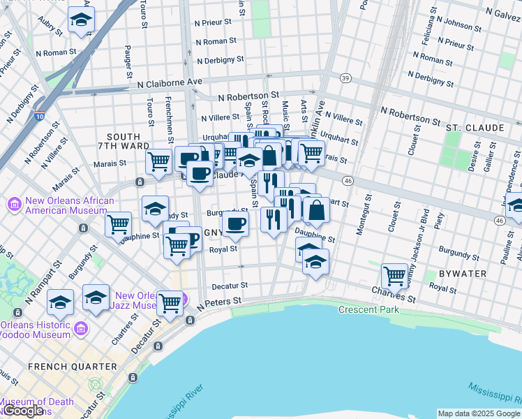 map of restaurants, bars, coffee shops, grocery stores, and more near 2467 Burgundy Street in New Orleans