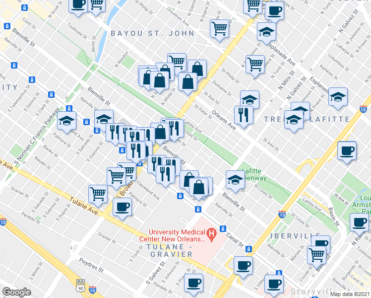 map of restaurants, bars, coffee shops, grocery stores, and more near 322 North Dorgenois Street in New Orleans