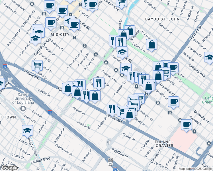 map of restaurants, bars, coffee shops, grocery stores, and more near 3109 Palmyra Street in New Orleans
