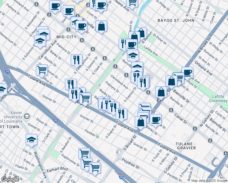 map of restaurants, bars, coffee shops, grocery stores, and more near 318 South Rendon Street in New Orleans