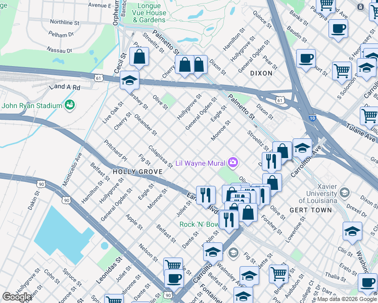 map of restaurants, bars, coffee shops, grocery stores, and more near 3226 Eagle Street in New Orleans