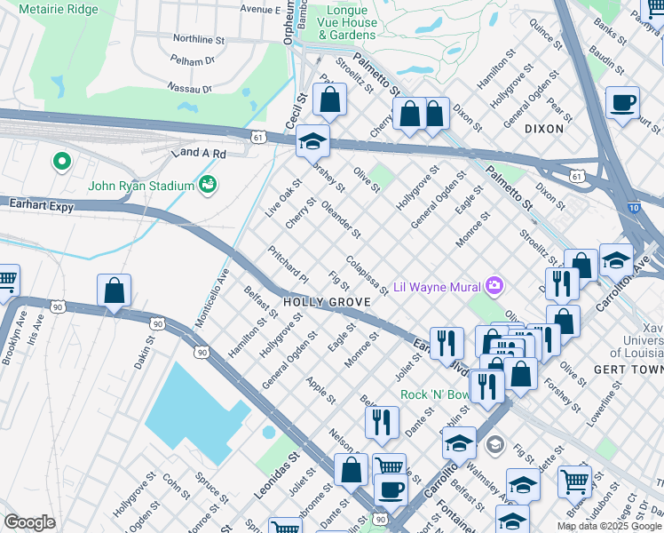 map of restaurants, bars, coffee shops, grocery stores, and more near 9008 Colapissa Street in New Orleans