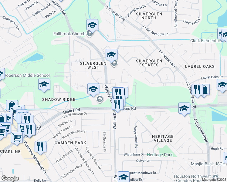 map of restaurants, bars, coffee shops, grocery stores, and more near 12215 Turchin Drive in Houston
