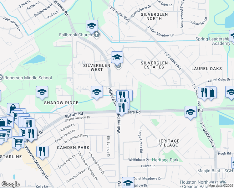 map of restaurants, bars, coffee shops, grocery stores, and more near 12215 Turchin Drive in Houston
