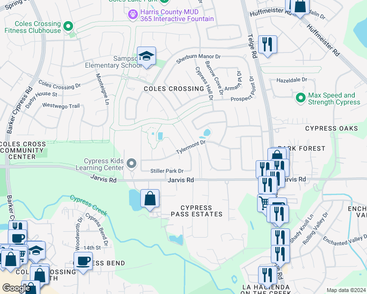map of restaurants, bars, coffee shops, grocery stores, and more near 13003 Yorkmont Drive in Cypress