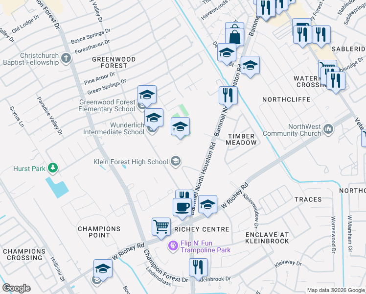map of restaurants, bars, coffee shops, grocery stores, and more near 11400 Misty Valley Drive in Houston