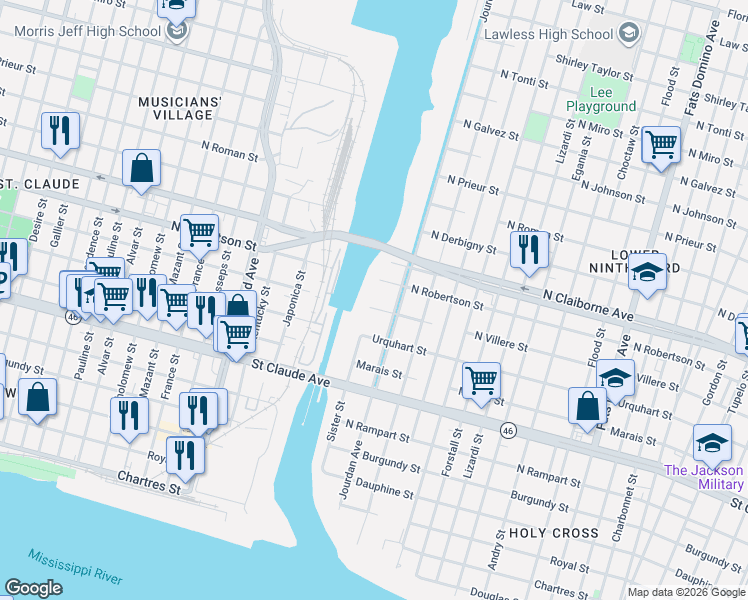 map of restaurants, bars, coffee shops, grocery stores, and more near 4701 North Villere Street in New Orleans