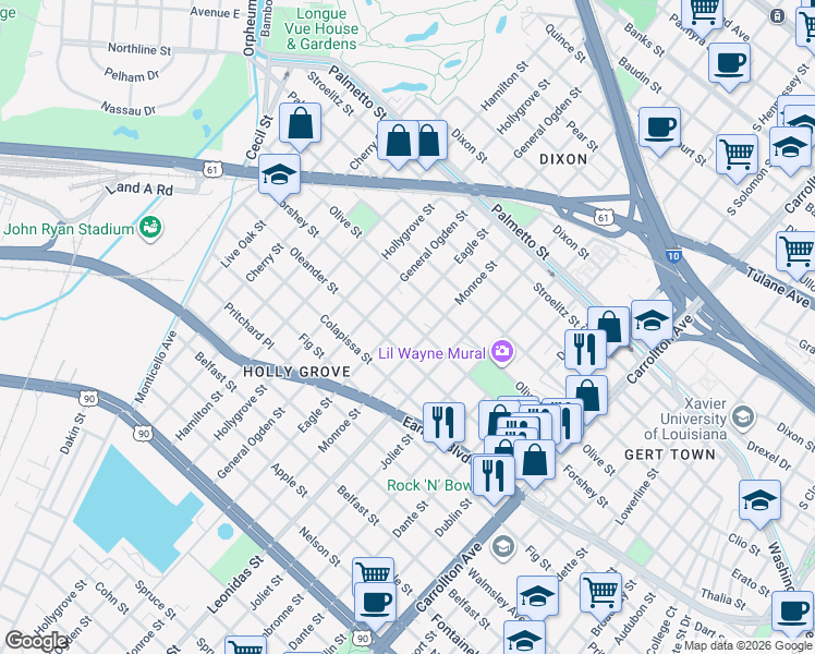 map of restaurants, bars, coffee shops, grocery stores, and more near 3226 Eagle Street in New Orleans
