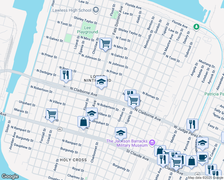 map of restaurants, bars, coffee shops, grocery stores, and more near Charbonnet Street in New Orleans