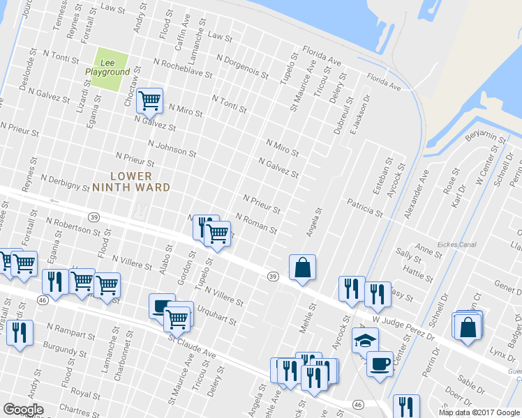 map of restaurants, bars, coffee shops, grocery stores, and more near 6216 North Prieur Street in New Orleans