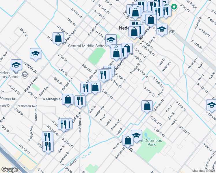 map of restaurants, bars, coffee shops, grocery stores, and more near 2205 Nederland Avenue in Nederland