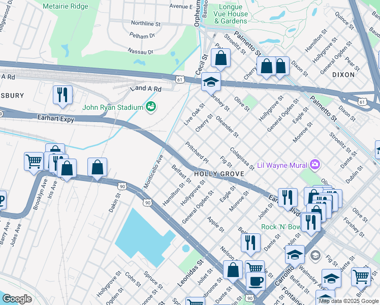 map of restaurants, bars, coffee shops, grocery stores, and more near 2832 Mistletoe Street in New Orleans